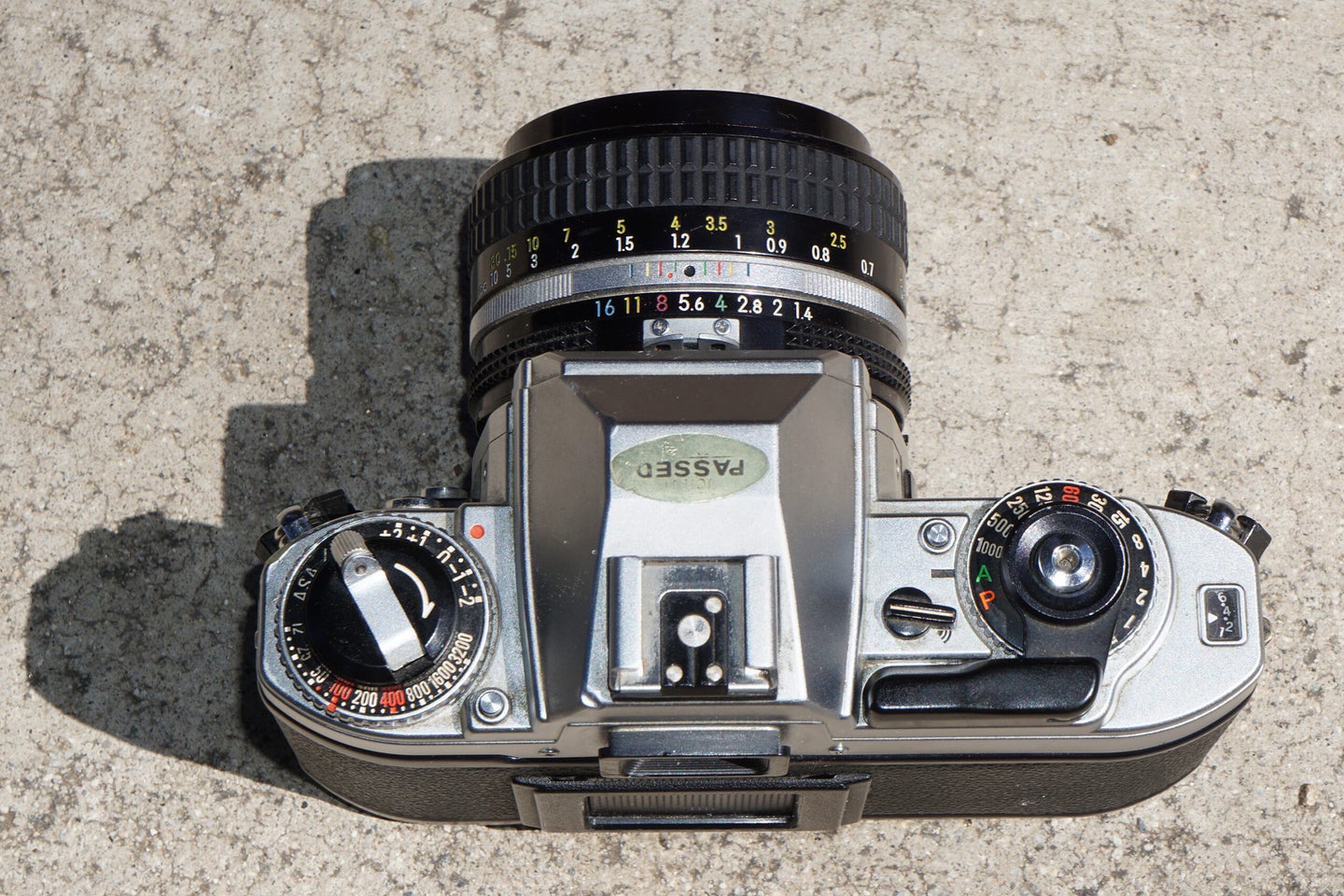The Nikon FG film camera from above