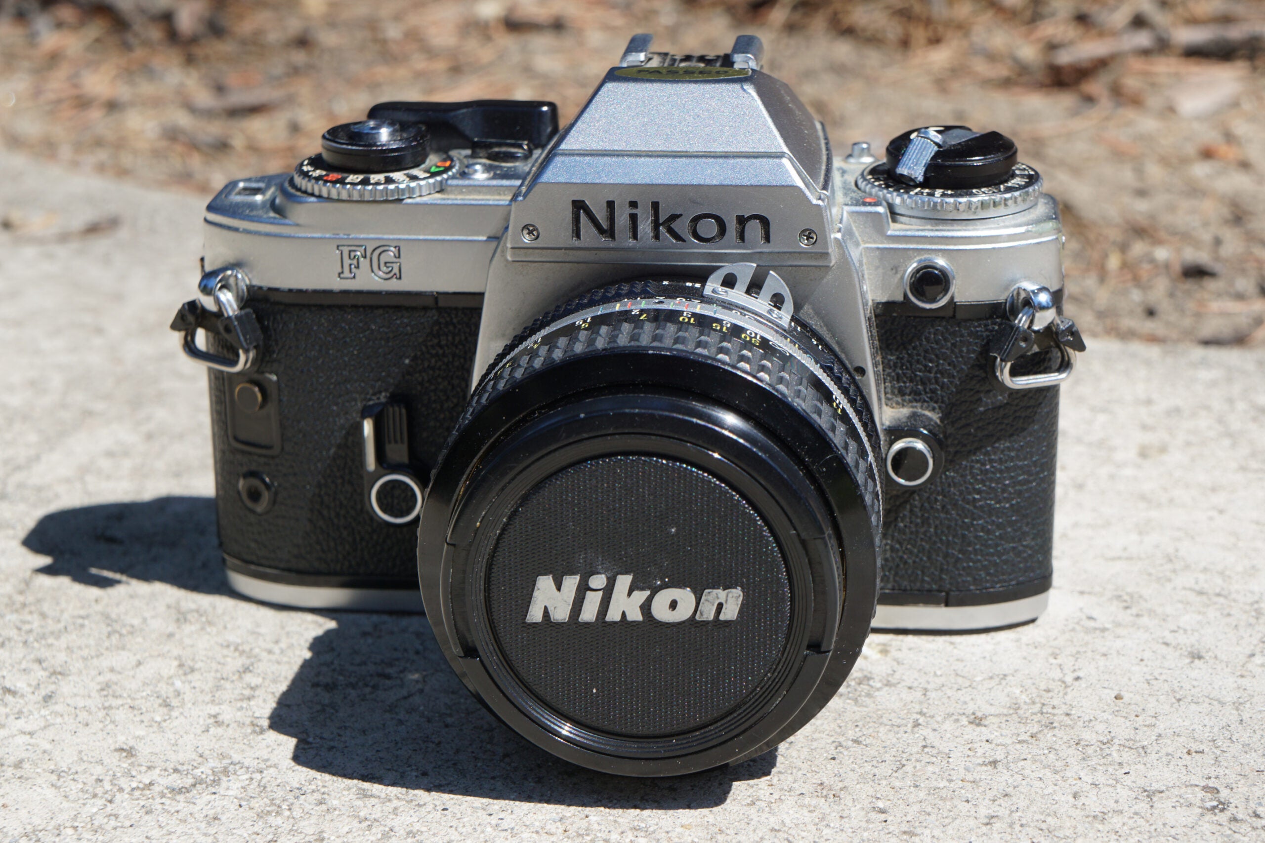 The Nikon FG film camera from the front