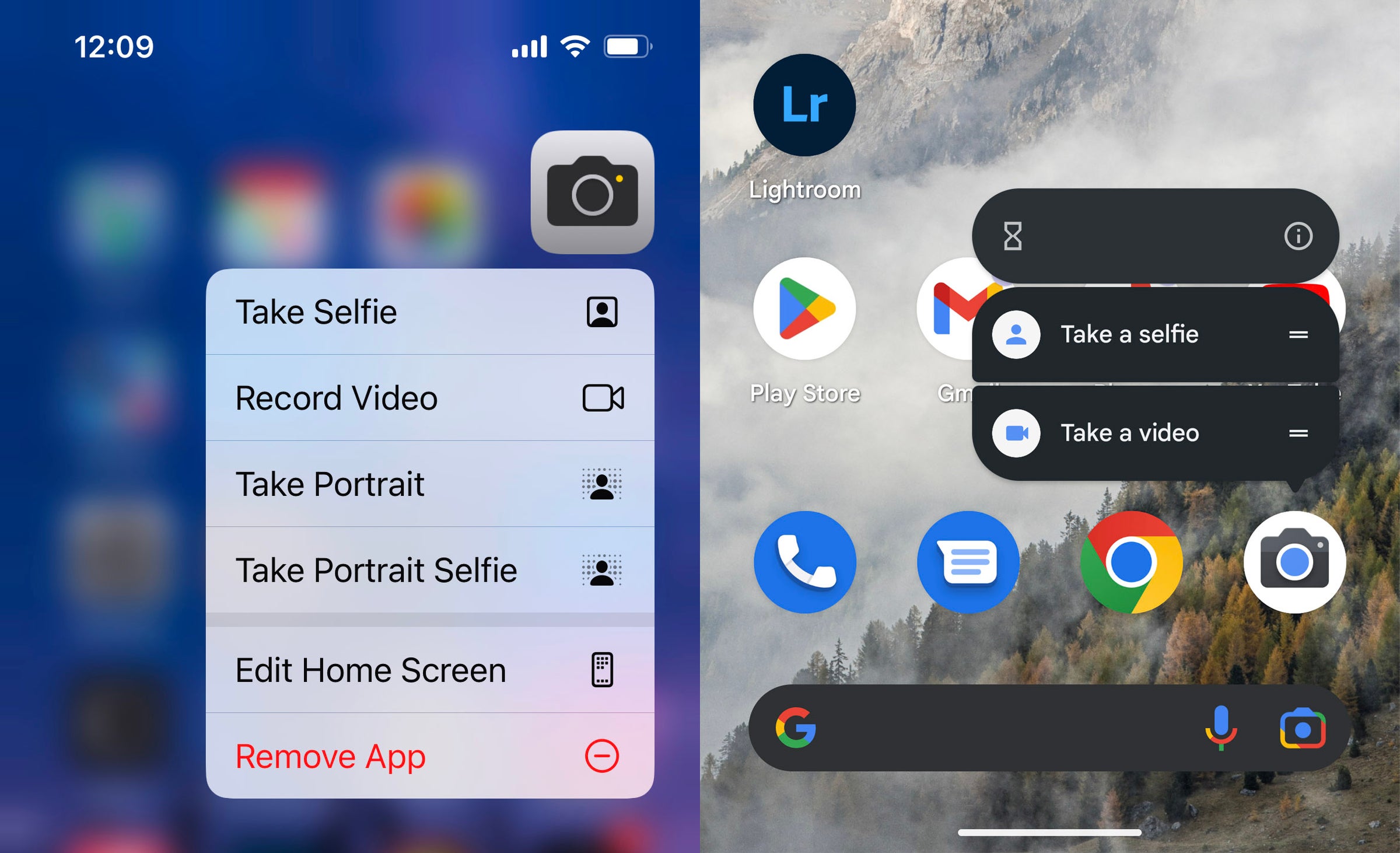 Screenshots of Apple and Google camera apps with shortcuts shown.