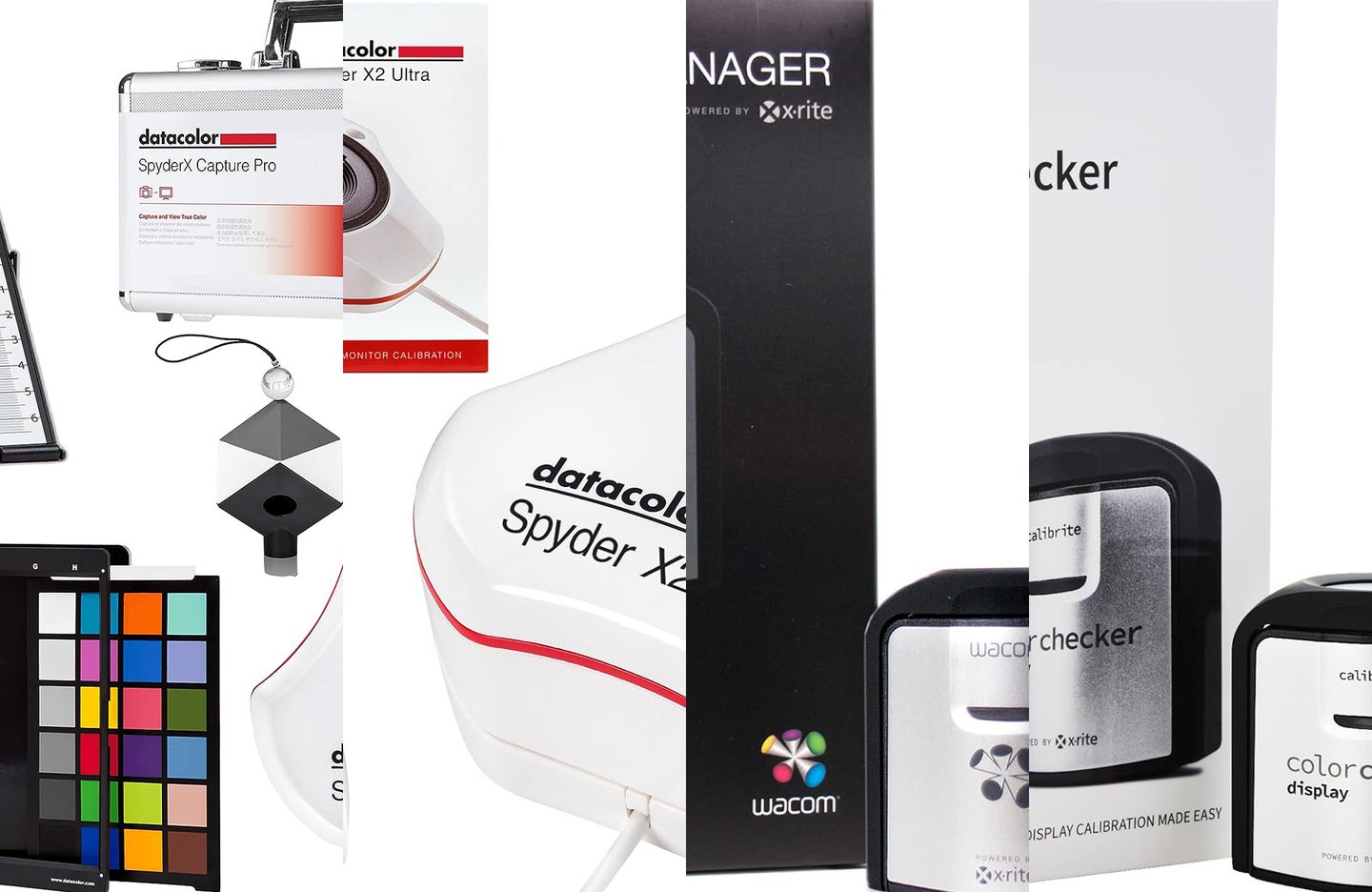 Four of the best monitor calibration tools are sliced together against a white background.