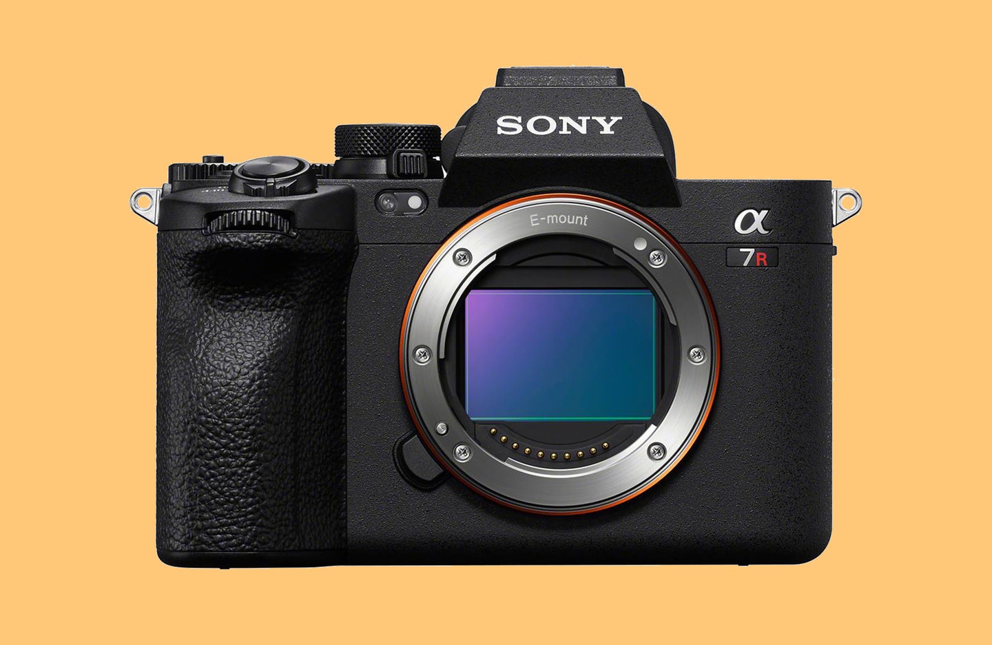Sony A7R V front on an orange background