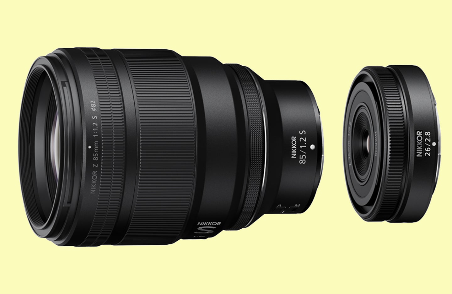 Nikon 85mm and 26mm pancake lenses