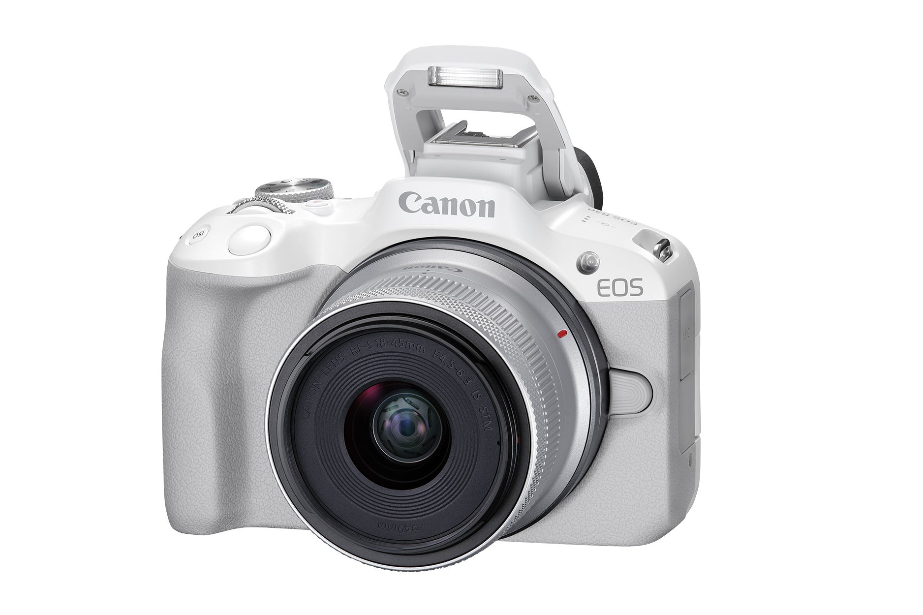 White Canon EOS R50 APS-C mirrorless camera