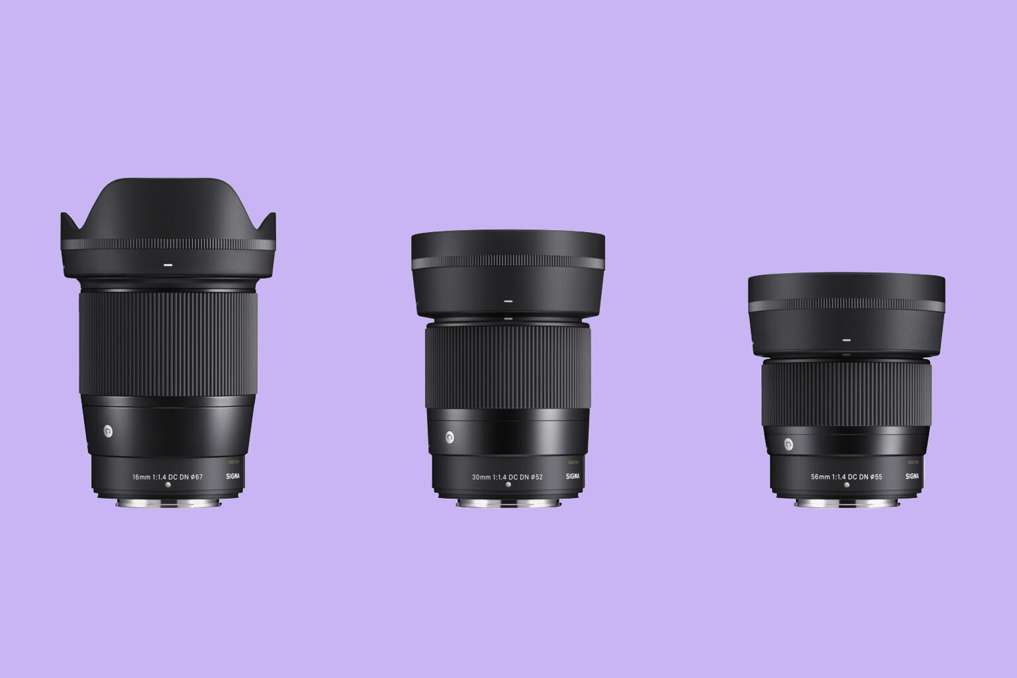 Sigma 16mm, 30mm, and 56mm prime lenses