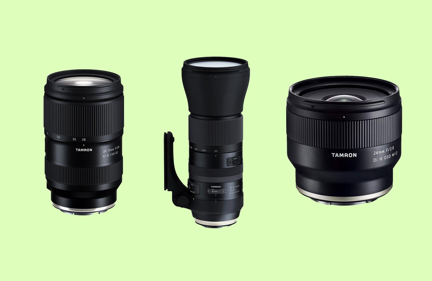 Tamron 24mm f/2.8 Di III OSD Lens, Tamron SP 150-600mm f/5-6.3 Di VC USD G2 Lens, and Tamron 28-75mm f/2.8 Di III VXD G2 lens against a light green background