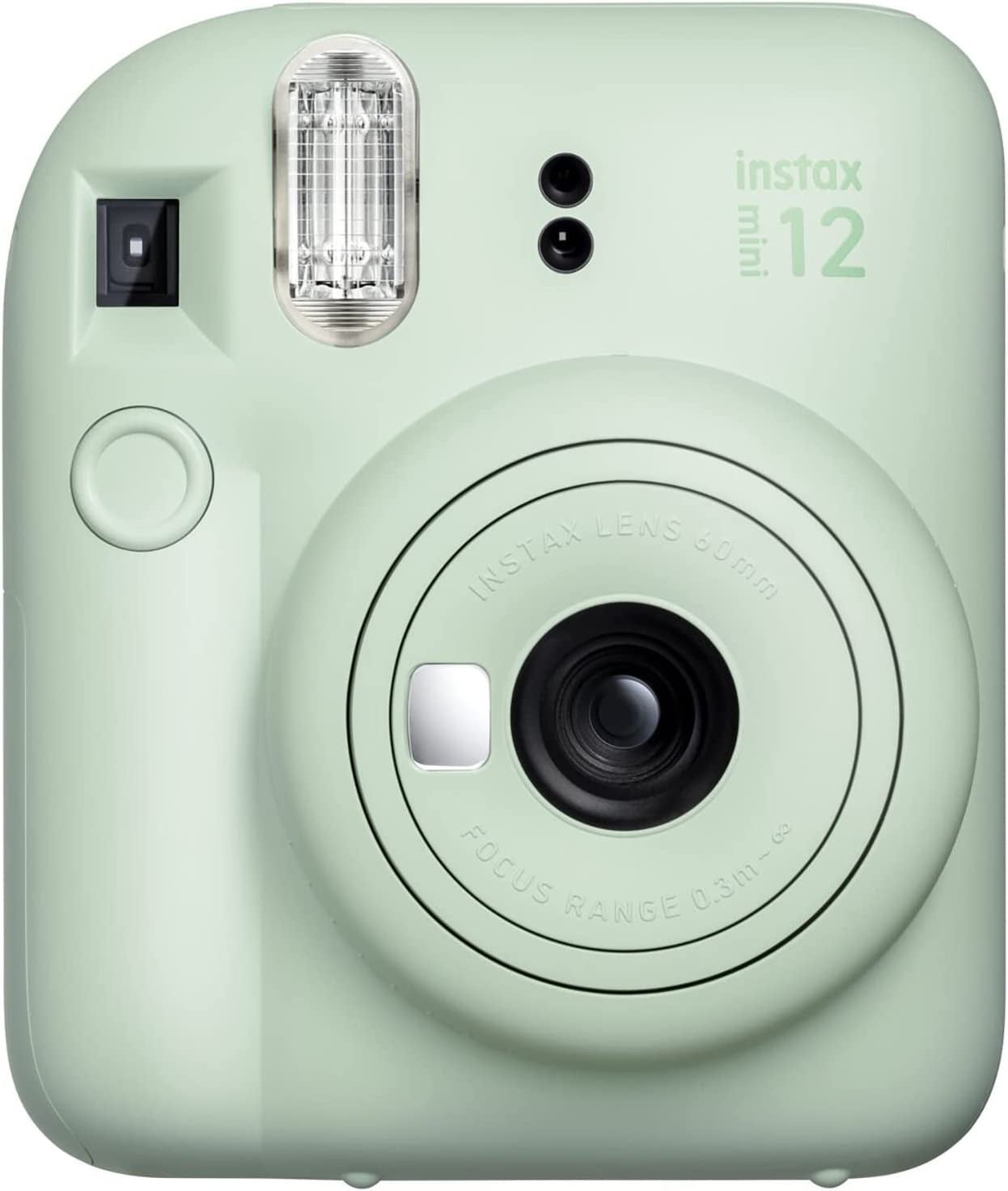Front of the Fujifilm Instax Mini 12 instant camera in mint green.