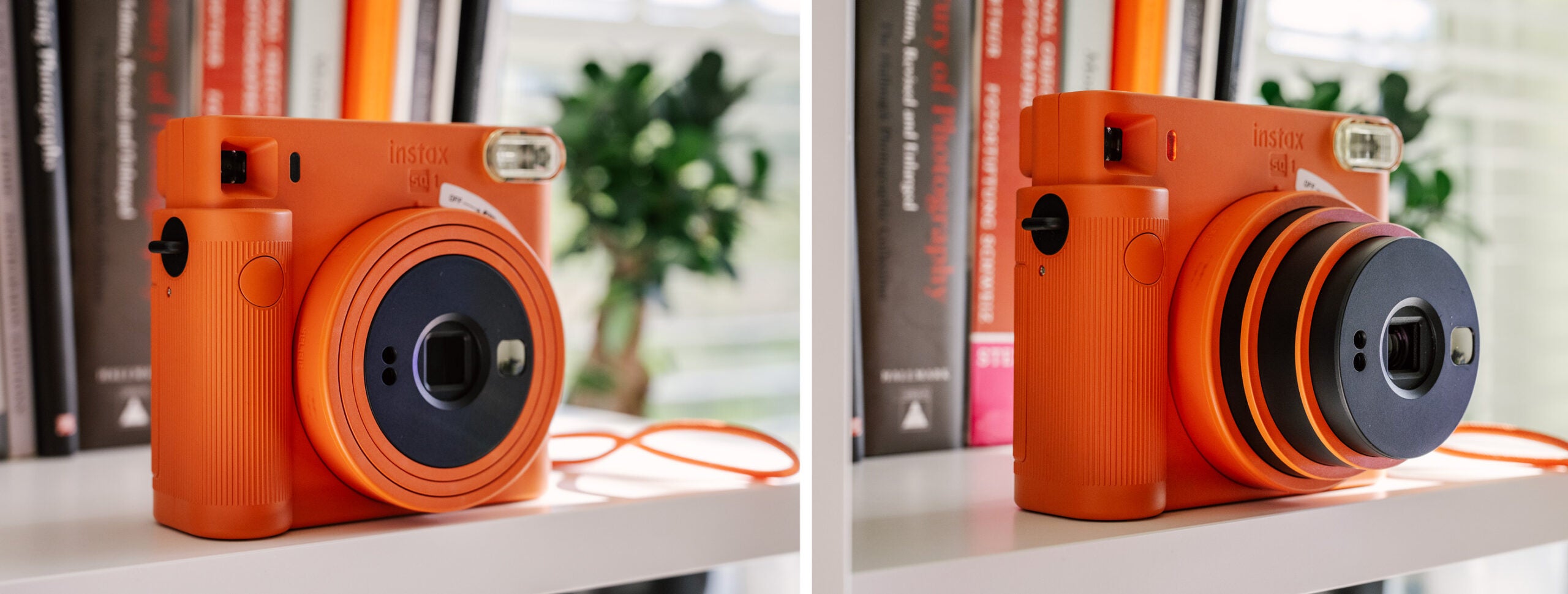 The Terracotta Orange Instax Square SQ1 with the lens extended and stowed away.