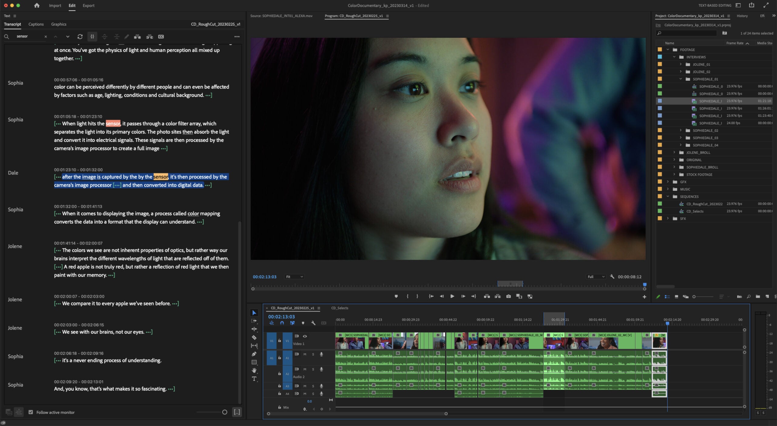 Adobe Premiere Pro screenshot showing text-based editing