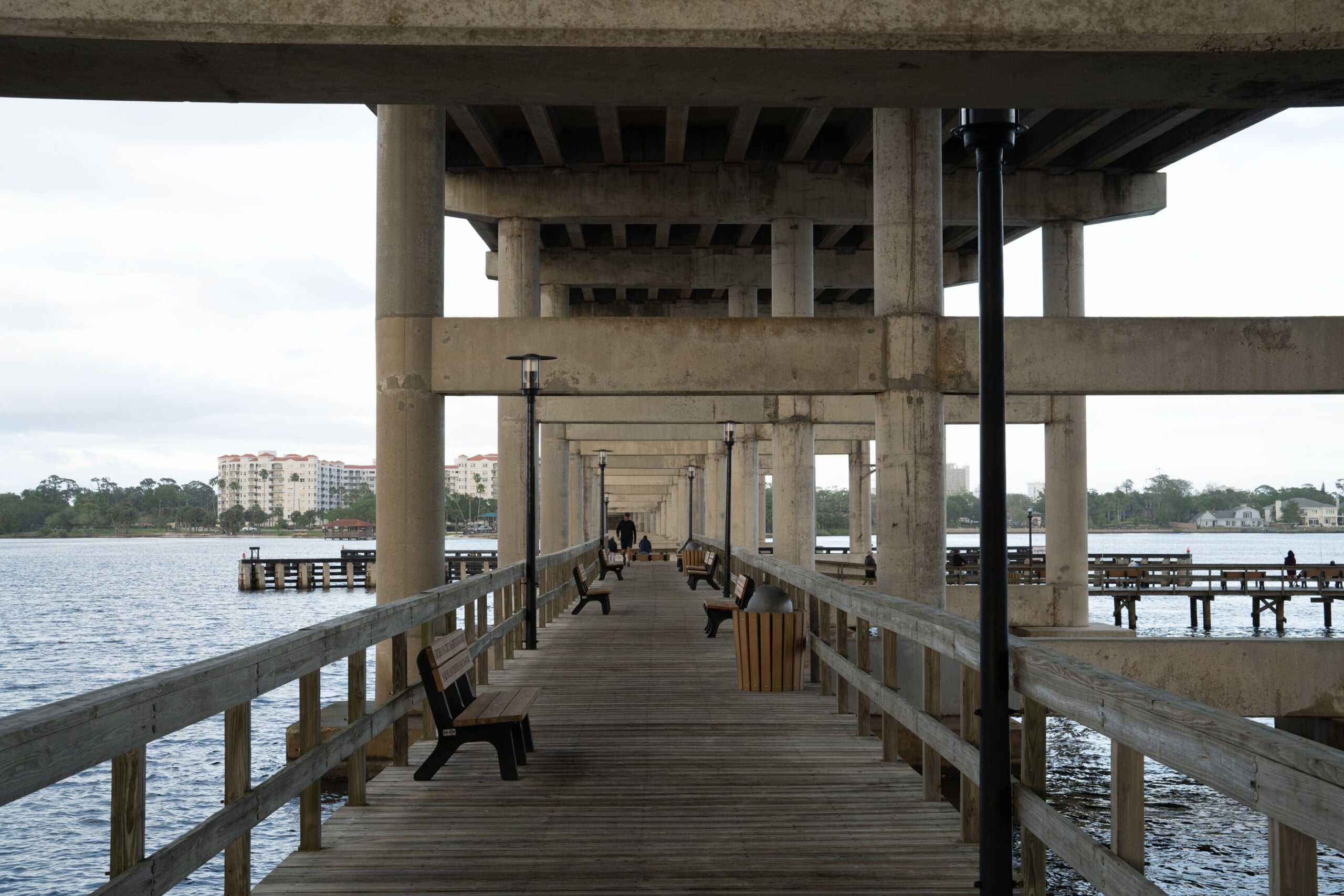 A bridge and dock over a river