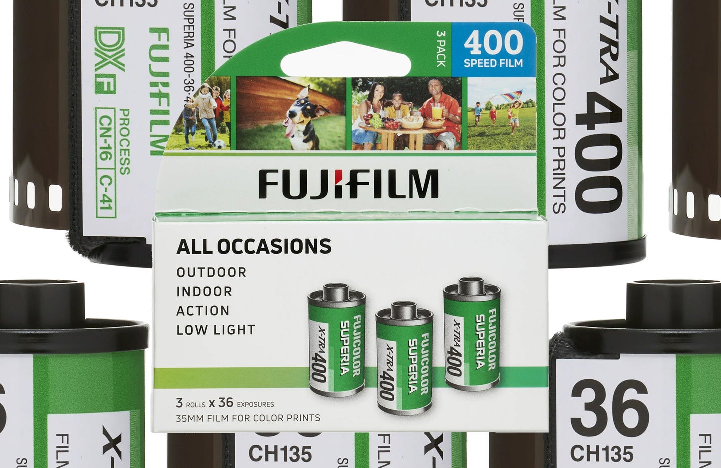 Fujifilm X-Tra superia 400 film 3-pack in front of a bunch of single rolls