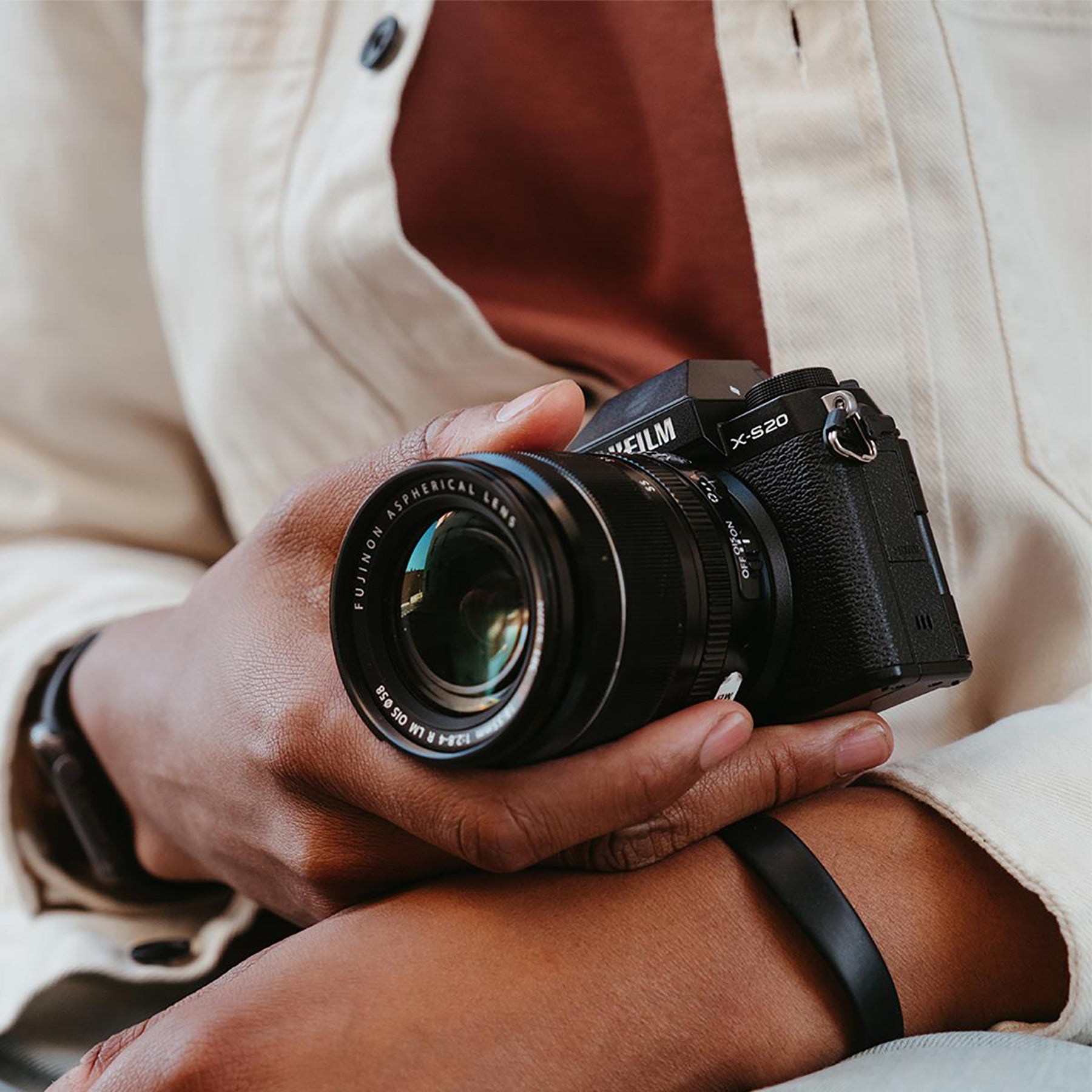Fujifilm X-S20 mirrorless camera in a hand