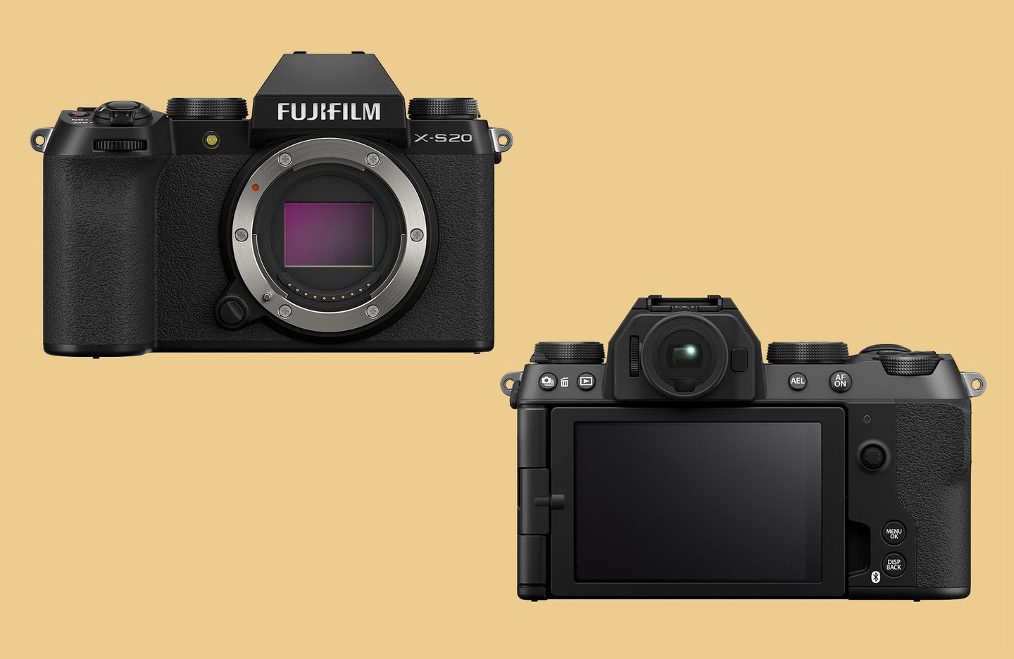 Fujifilm X-S20 mirrorless camera front and back on a yellow background