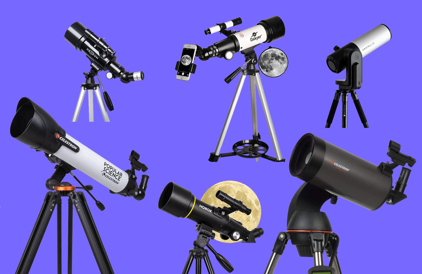 A variety of telescopes on a blue-purple background