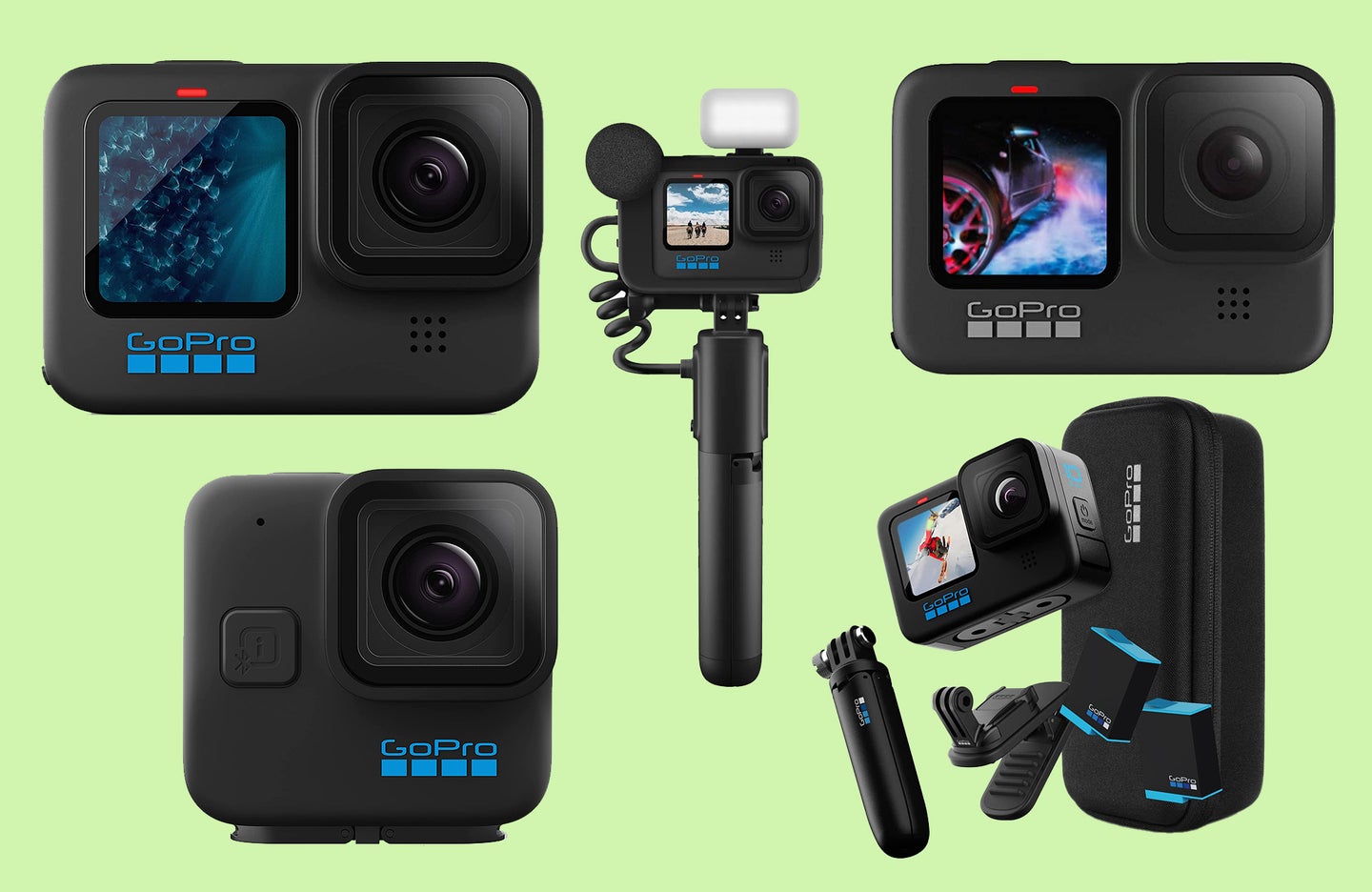 GoPro cameras and accessory bundles against a green background