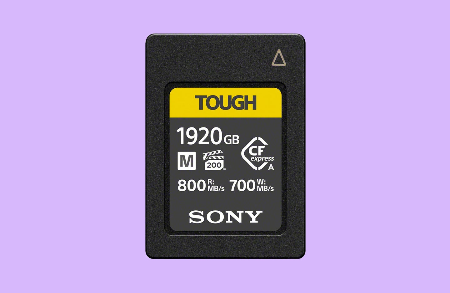 Sony CEA-M Series TOUGH 1920GB CFexpress Type-A Memory Card on a purple background