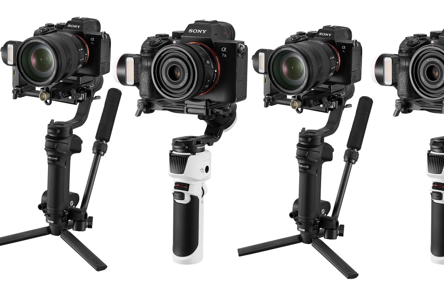 Zhiyun weebill 3 and crane-m3s gimbals on a white background with cameras mounted on them