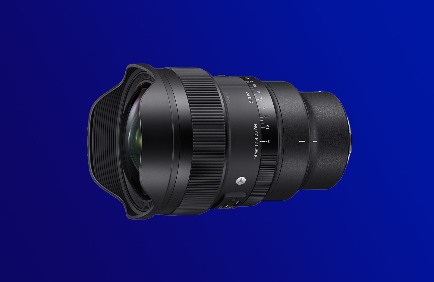 Sigma 14mm f/1.4 DG DN Art lens against a dark blue background