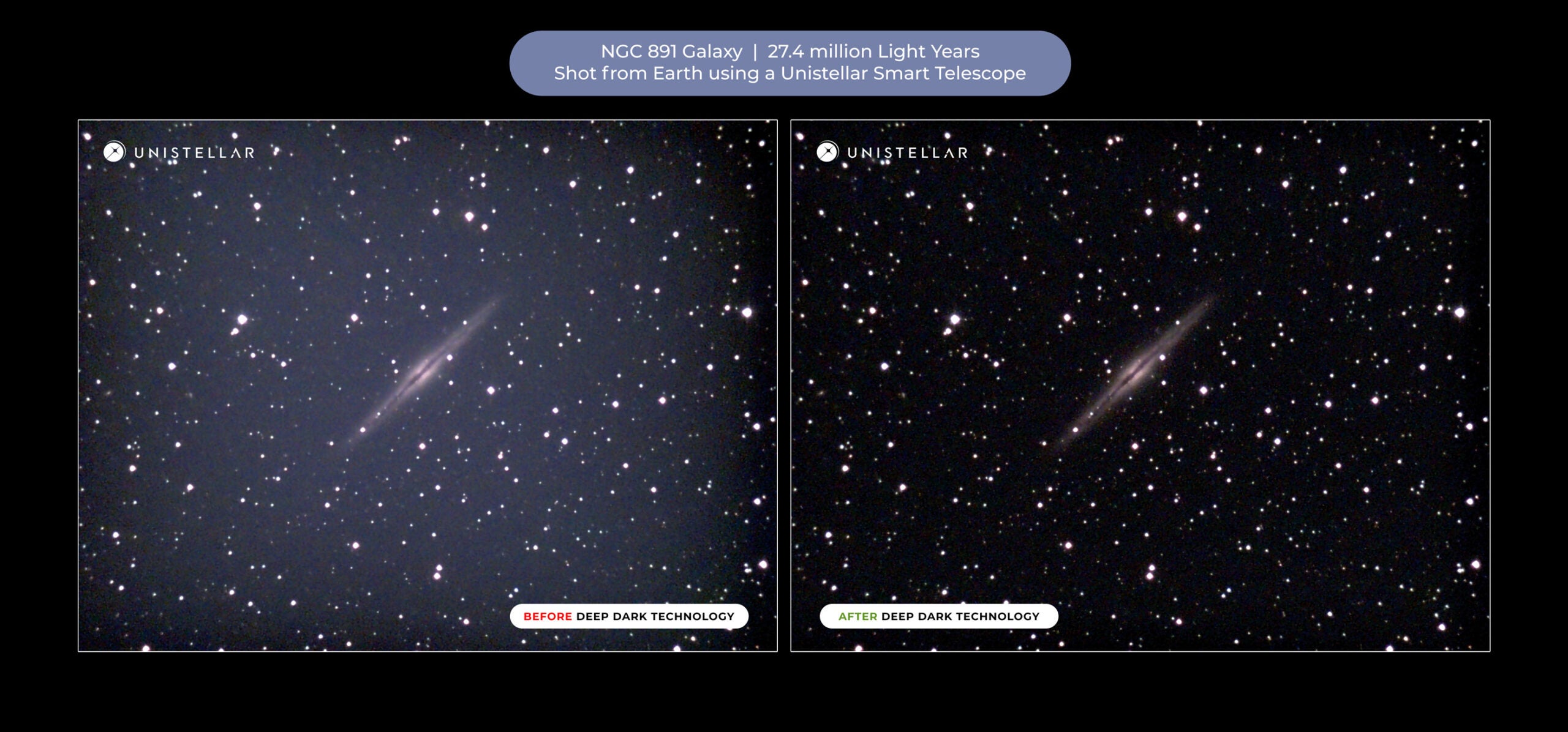 Photos of the night sky taken with a telescope using Unistellar Deep Dark technology
