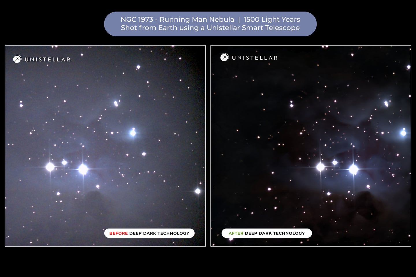 Two photos of a nebula in the night sky, one with Deep Dark Technology and one without.