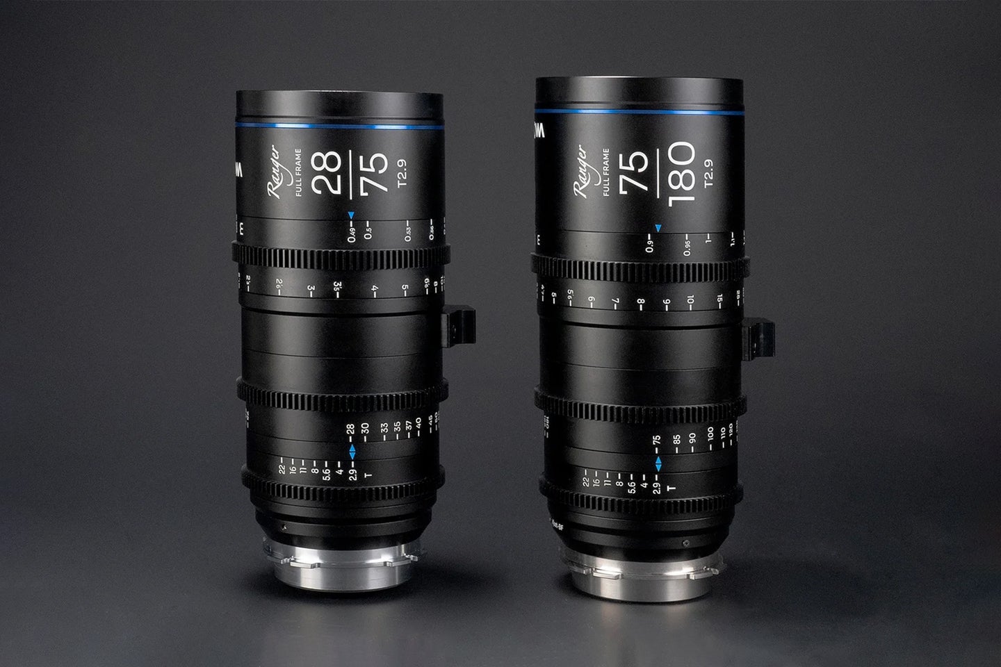 Laowa Ranger 28-75mm and 75-180mm T2.9 cine zoom lenses against a black background