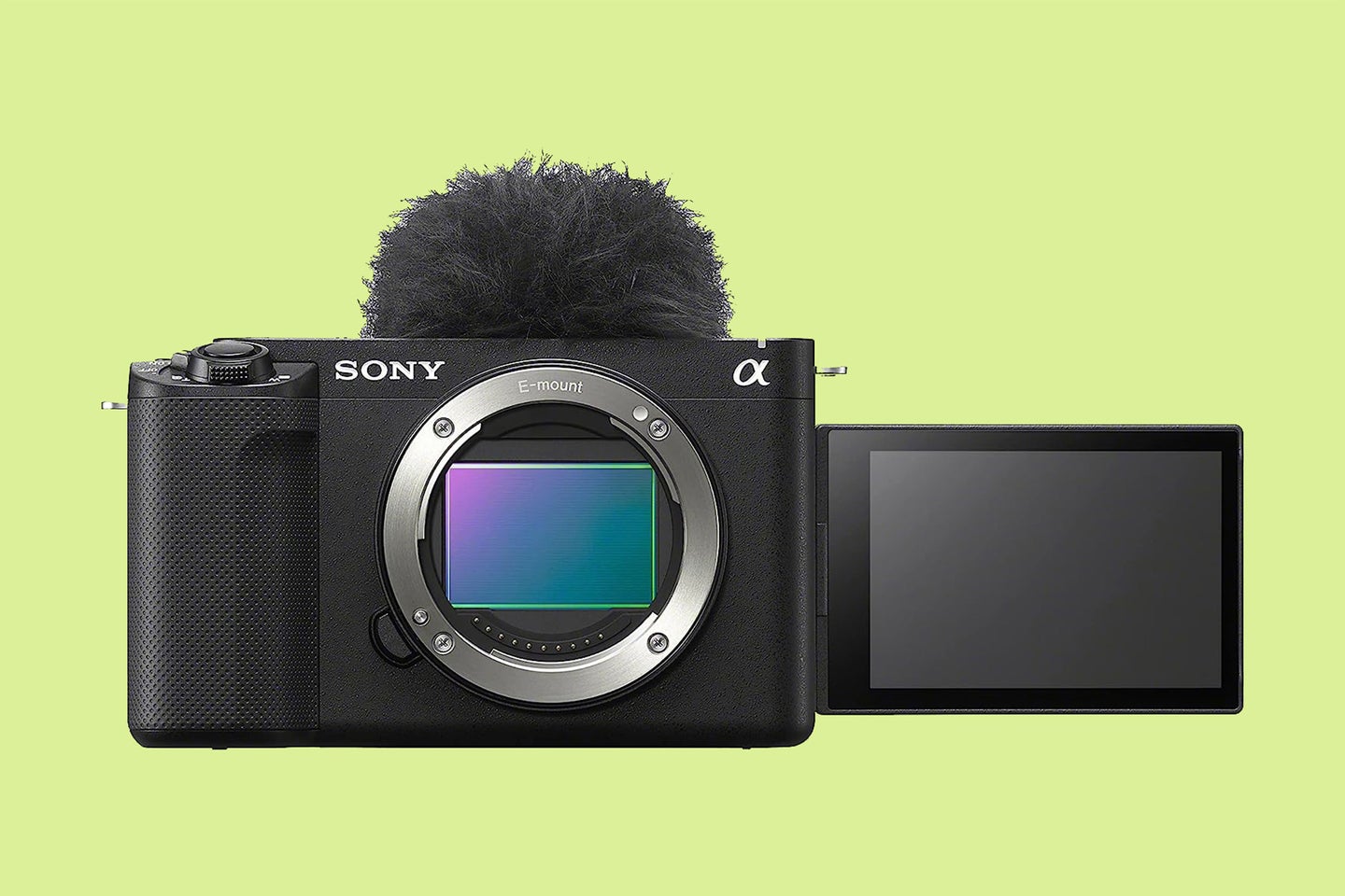 Sony ZV_E1 vlogging camera against a light green background