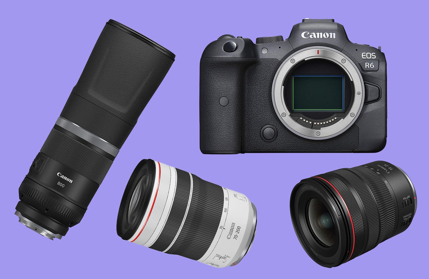 Canon camera and lenses on a purple background