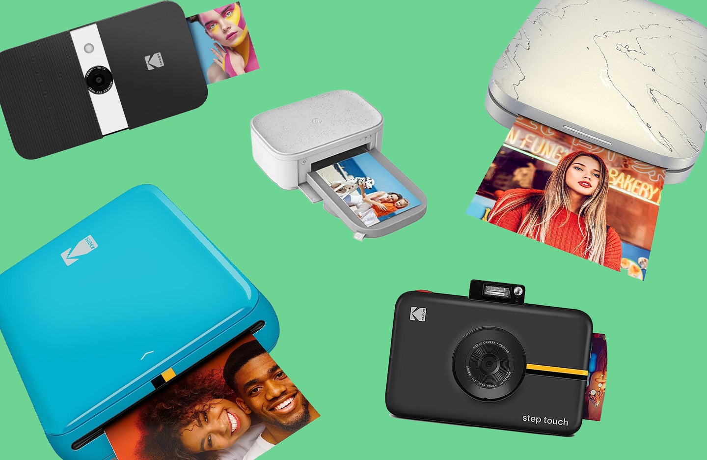 A selection of portable printers on a green background