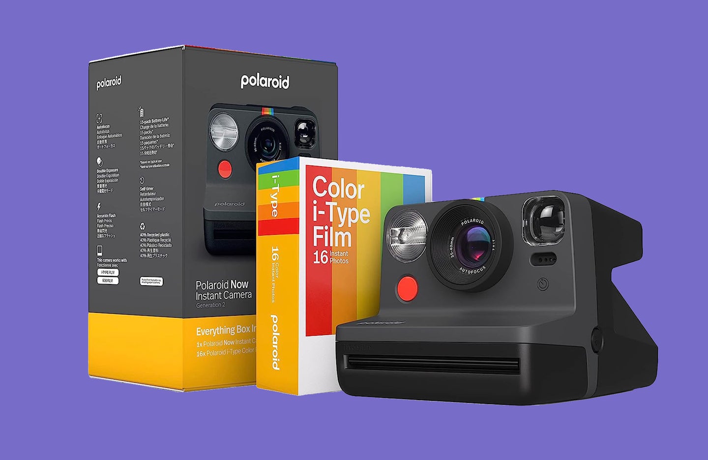 A black Polaroid Now instant camera with a pack of film against a purple background