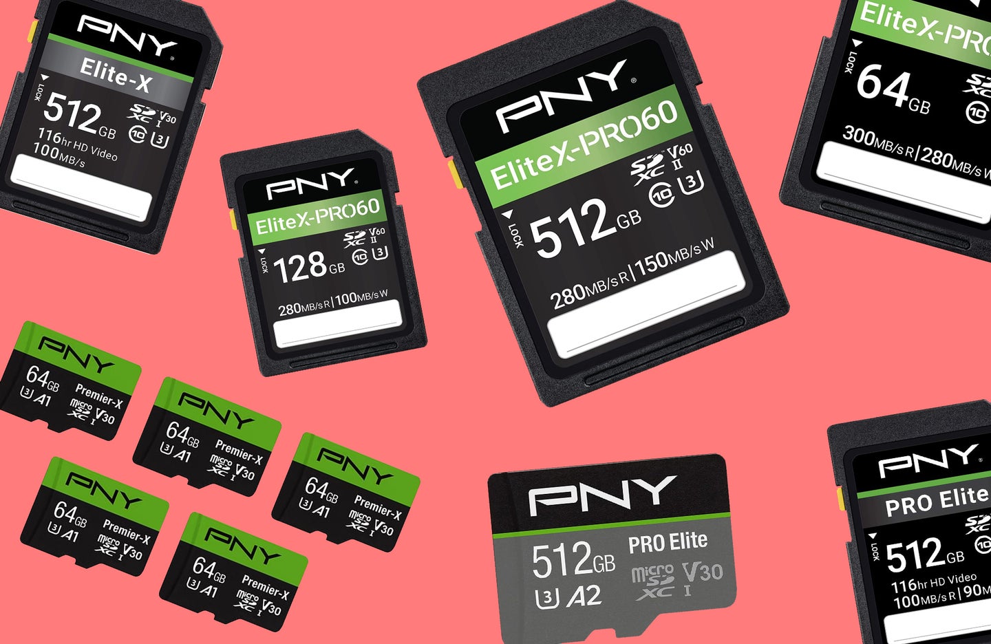 A selection of PNY SD and microSD memory cards against a red background