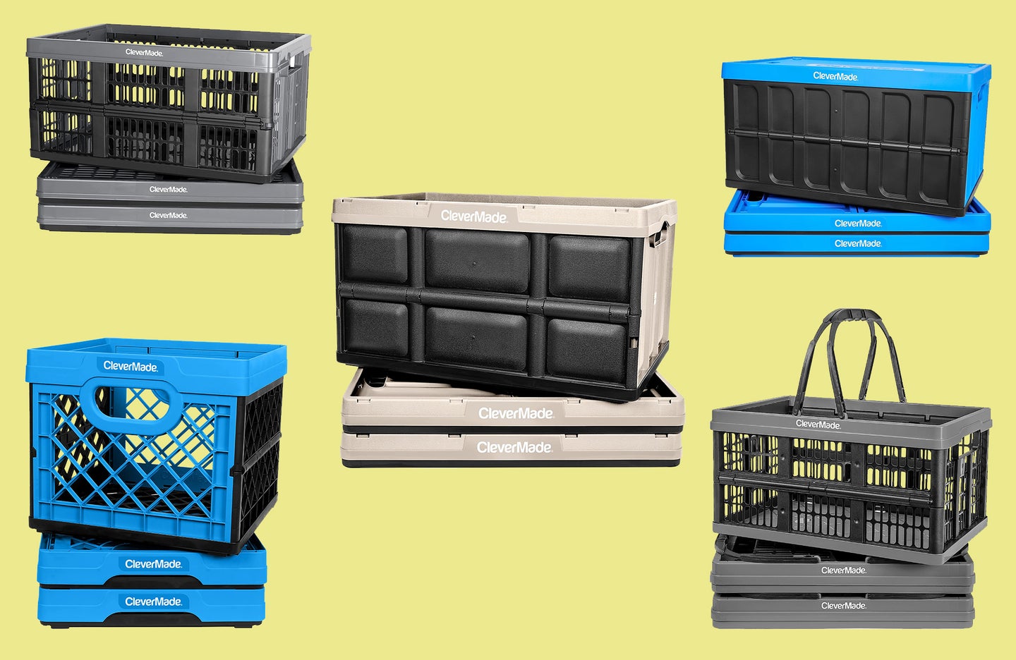 A selection of CleverMade crates against a yellow-green background