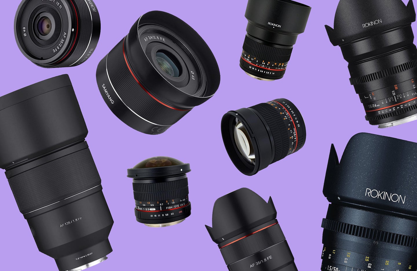 A selection of Samyang and Rokinon lenses against a purple background