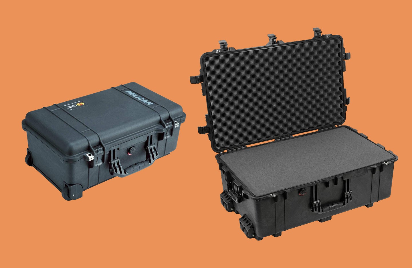Two Pelican cases against an orange background