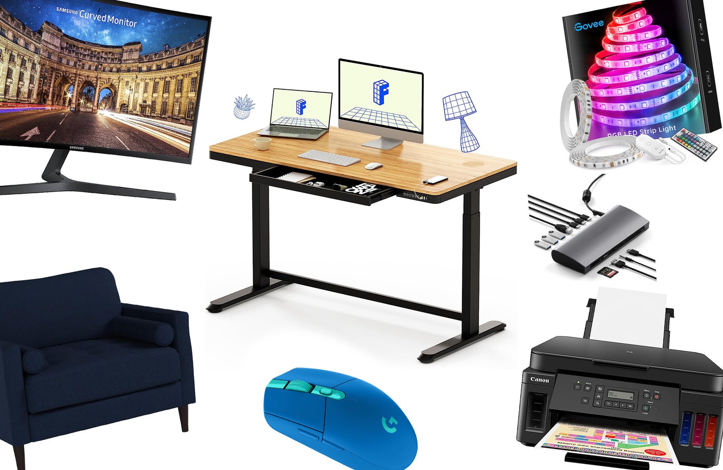 A random assortment of office themed items against a white background