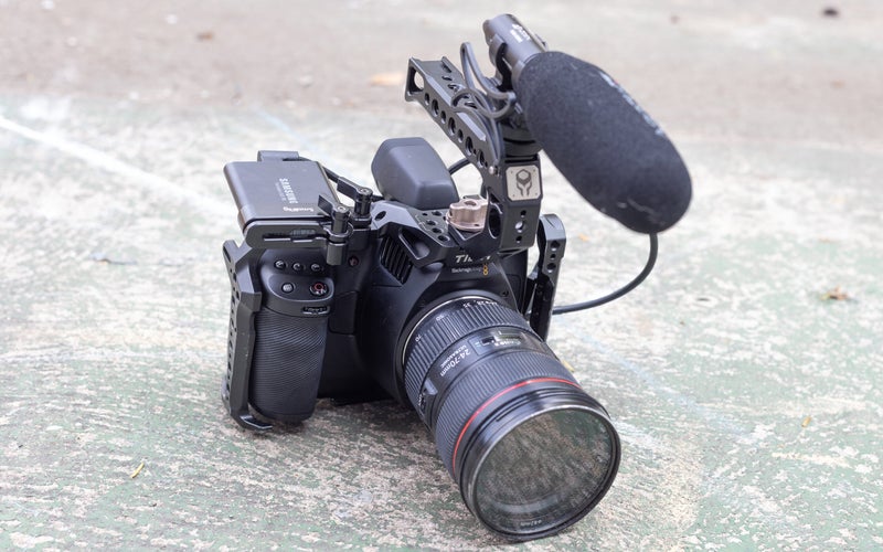 Blackmagic Pocket Cinema Camera 6K G2 in a rig with a mic