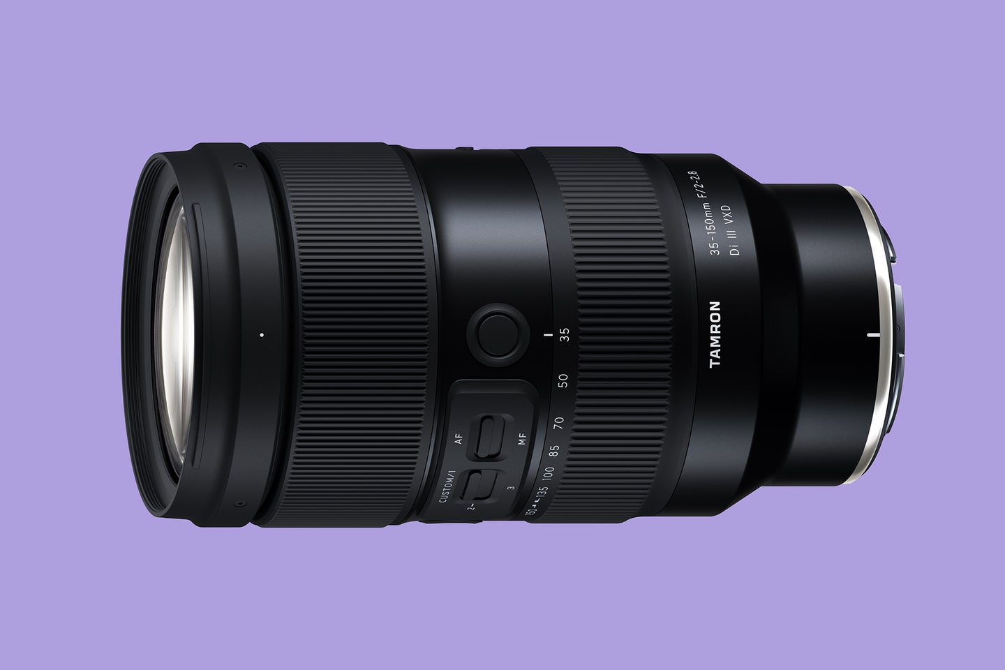 Tamron 35-150mm f/2-2.8 lens against a purple background