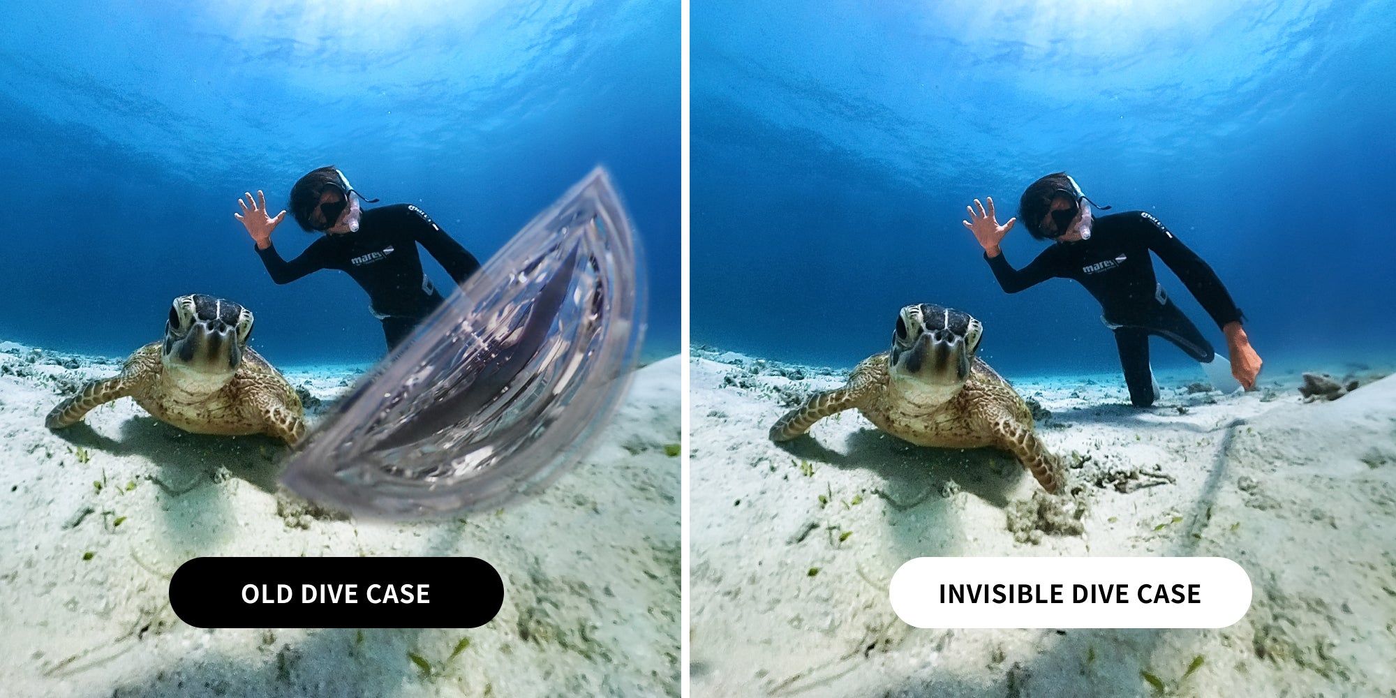 Two underwater photos of a snorkeler and turtle taken with the Insta360 X3, one with the dive case blocking the view.