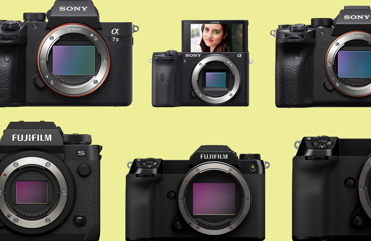 Fujifilm and Sony cameras against a yellow background