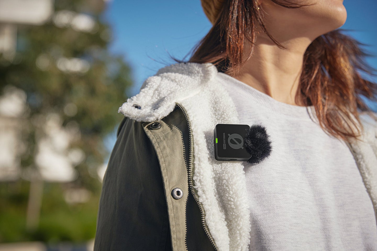 The RØDE Wireless PRO mic on a jacket