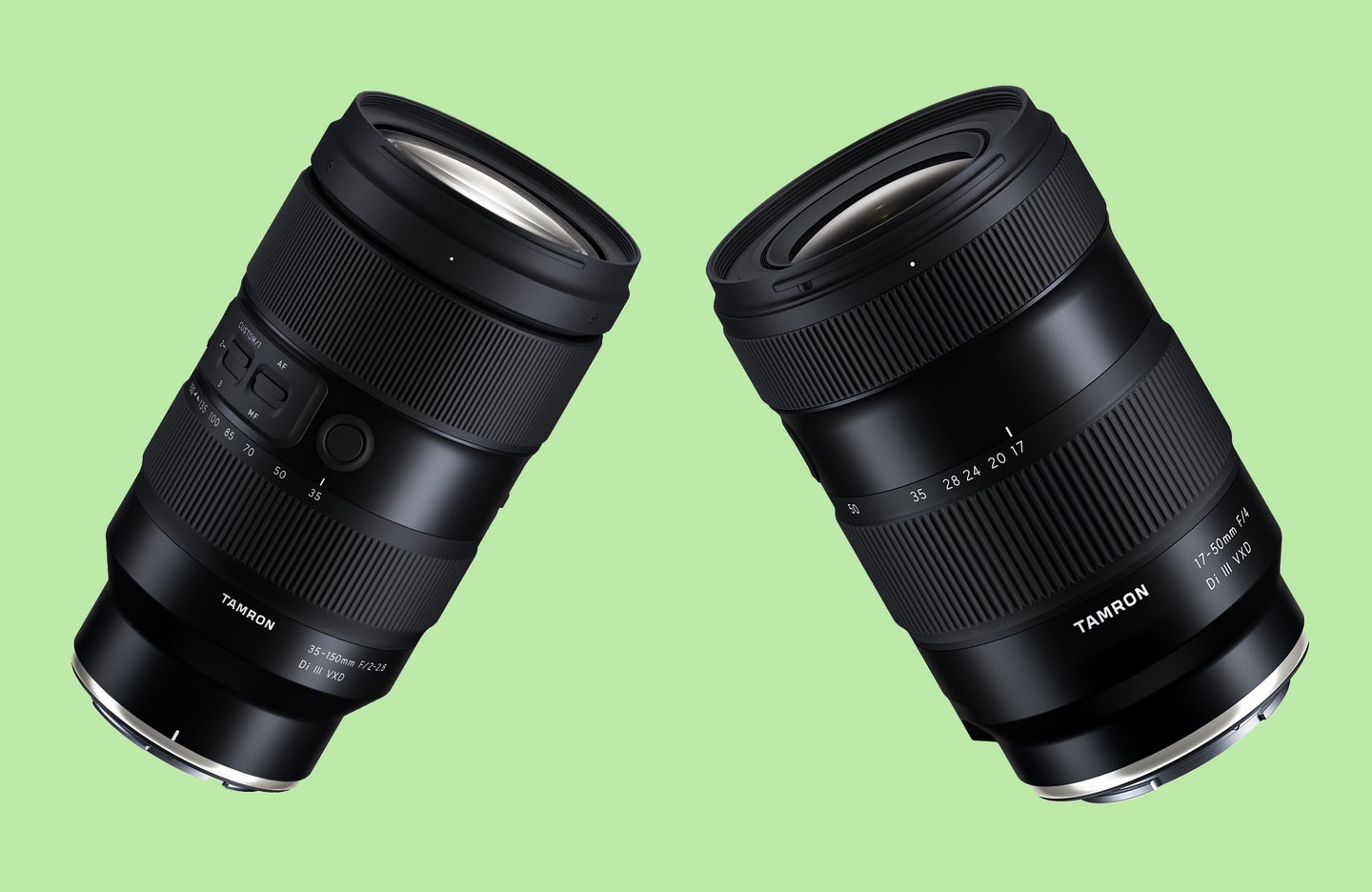 The Tamron 17-50mm F/4 Di III VXD and 35-150mm F/2-2.8 Di III VXD against a green background