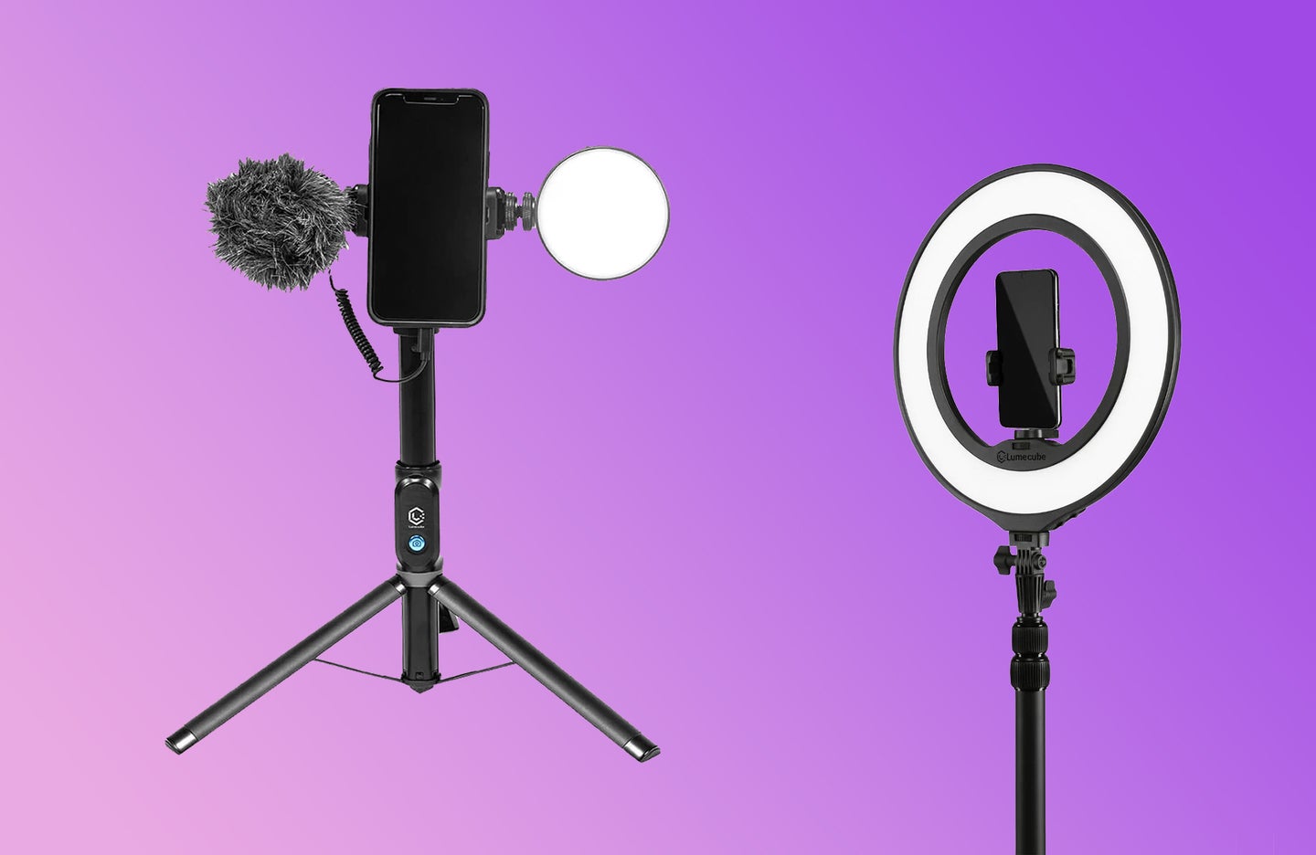 The Lume Cube Ring Light Mini and Mobile Creator Kit 2.0 against a backgroun that fades from pink to purple