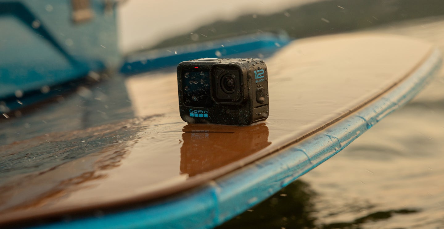 GoPro Hero12 Black on a surfboard in the water