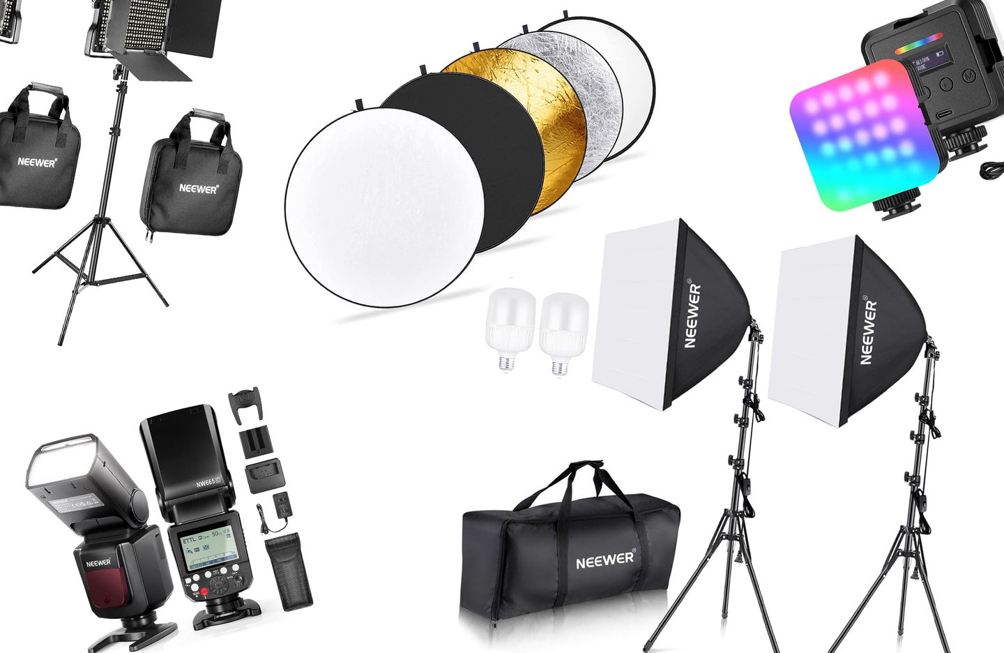 A selection of Neewer lighting products and accessories against a white background