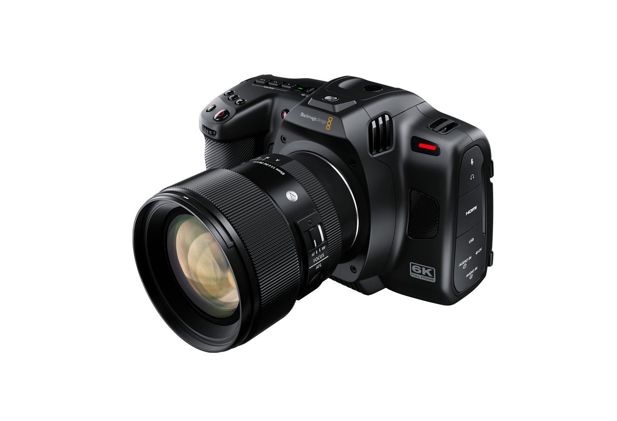 the Blackmagic Design Cinema Camera 6K with lens attached 