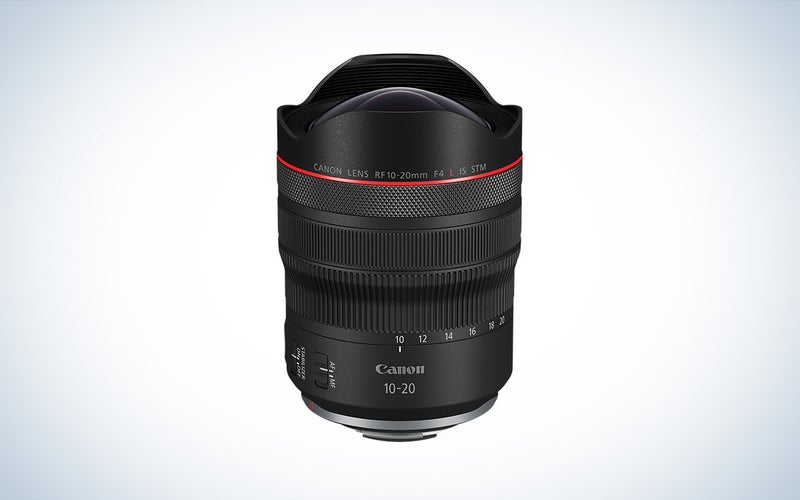 Canon RF 10-20mm f/4 L IS STM lens against a white background