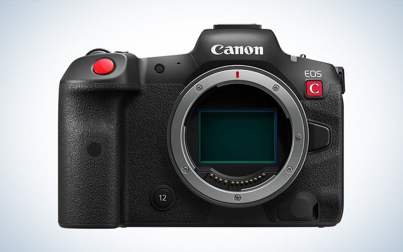 The Canon EOS R5 C mirrorless cinema camera against a white background with a gray gradient.