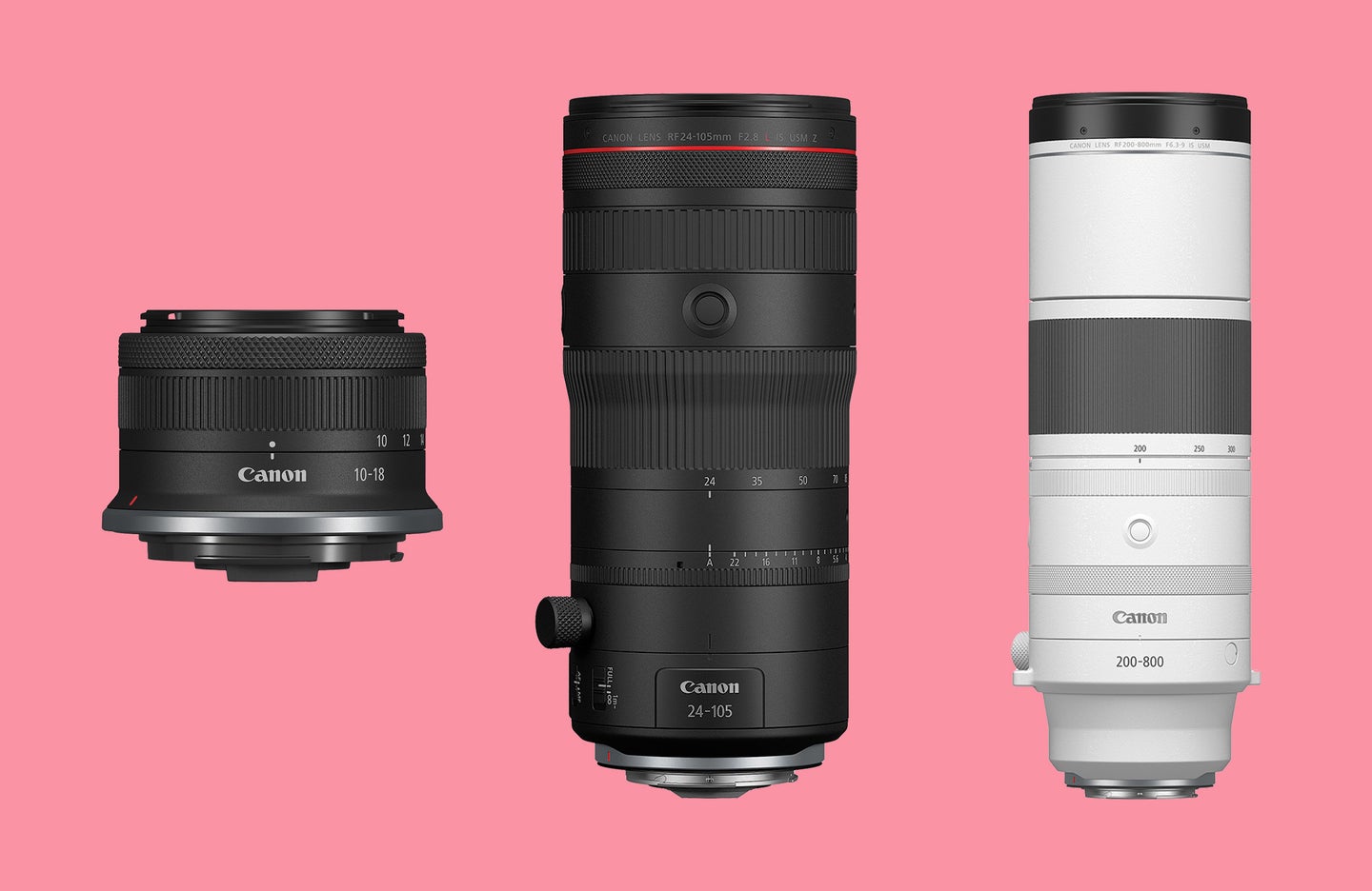 Three new Canon lenses are placed against a light red background.