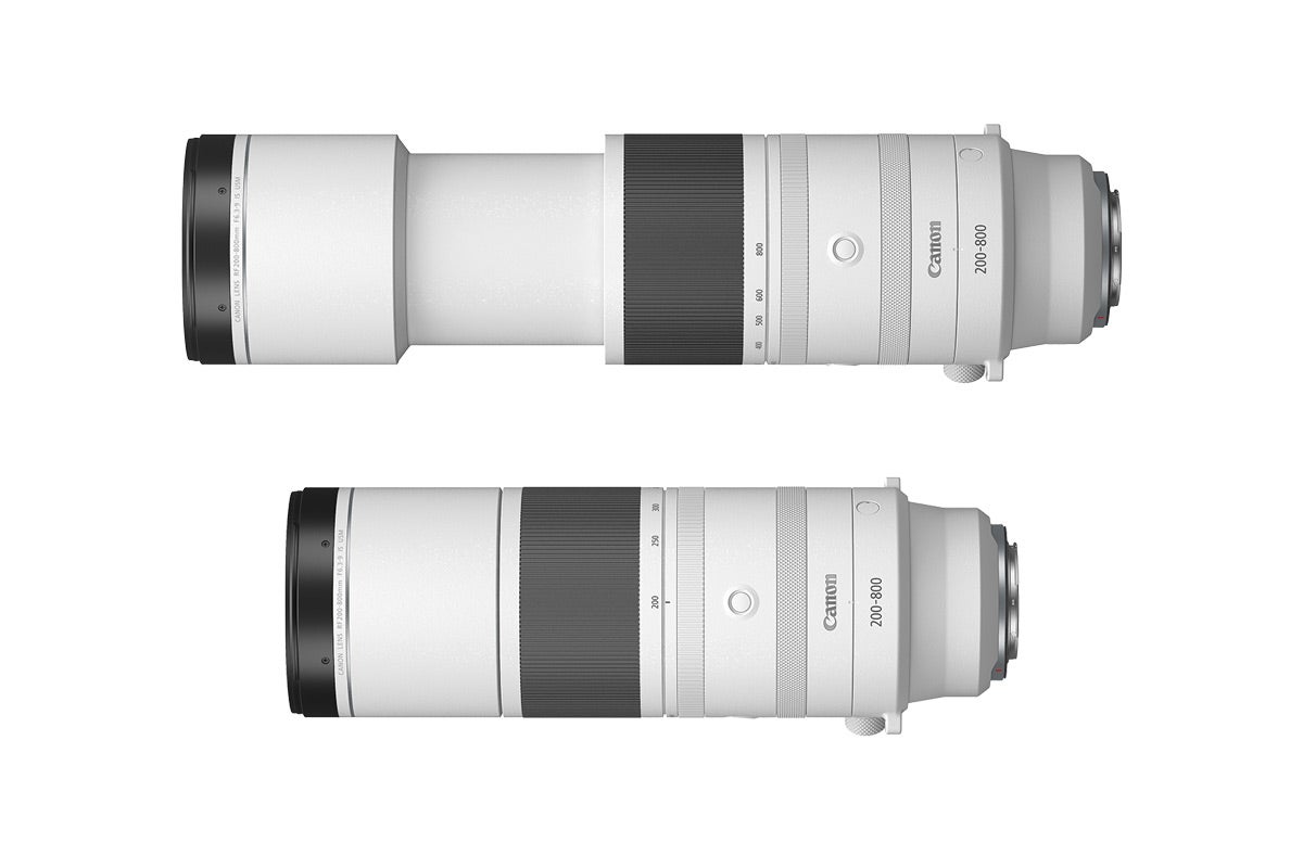 The Canon RF200-800mm telephoto lens is placed against a white background. 
