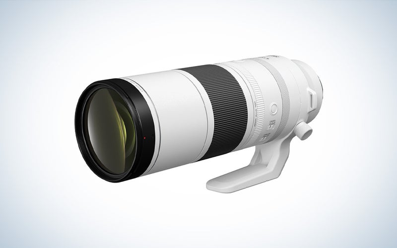 עדשת Canon RF200-800mm F6.3-9 IS USM ממוקמת על רקע לבן.
