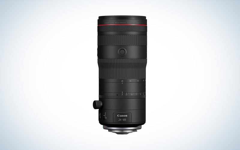 The Canon RF24-105mm F2.8 L IS USM Z camera lens is placed against a white background