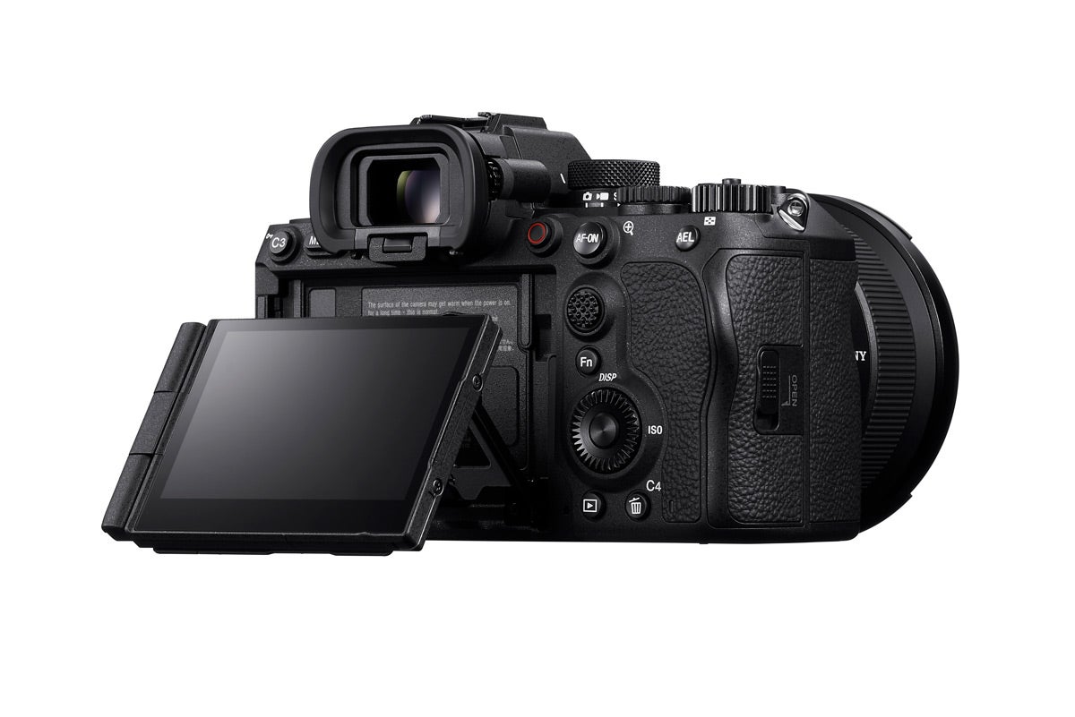 The Sony a9 III is placed against a white background with its rear display tilted.